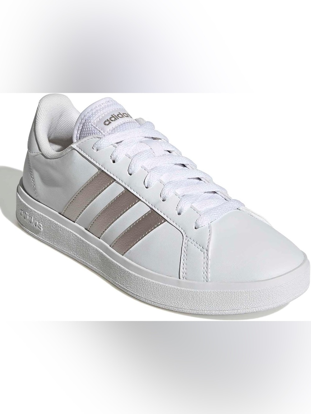 adidas Women's White Leather Sneakers Taupe Stripe Casual Shoes Size 8